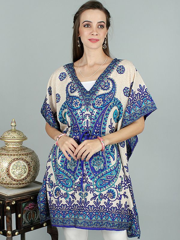 Short Kaftan with Printed Paisleys and Floral Motifs along with Dori at Waist