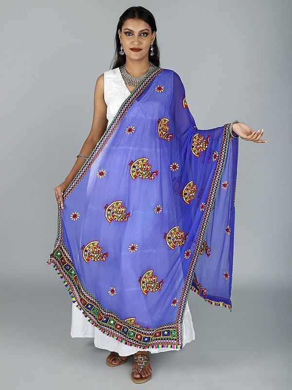 Phulkari Dupatta With Sequin Embroidered Dandiya Motif And Saori Lace On The Borders From Rajasthan