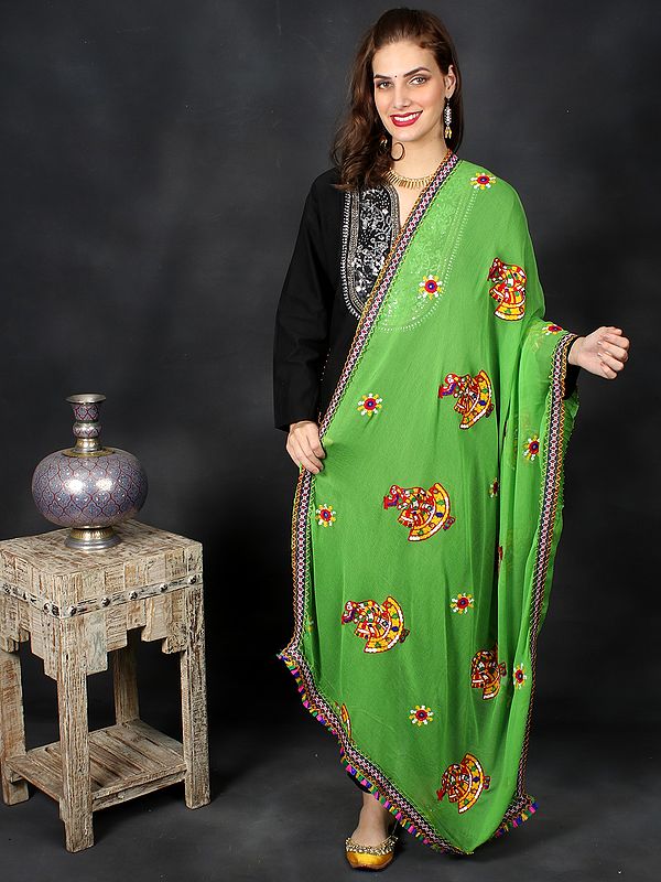 Phulkari Dupatta With Sequin Embroidered Dandiya Motif And Saori Lace On The Borders From Rajasthan