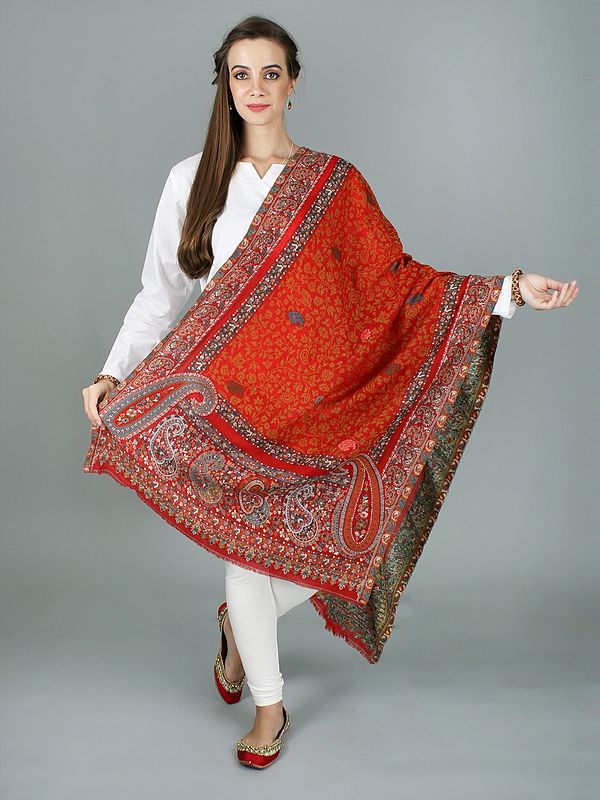 Goji-Berry Jamawar Stole from Kashmir with Floral and Giant Paisleys ...