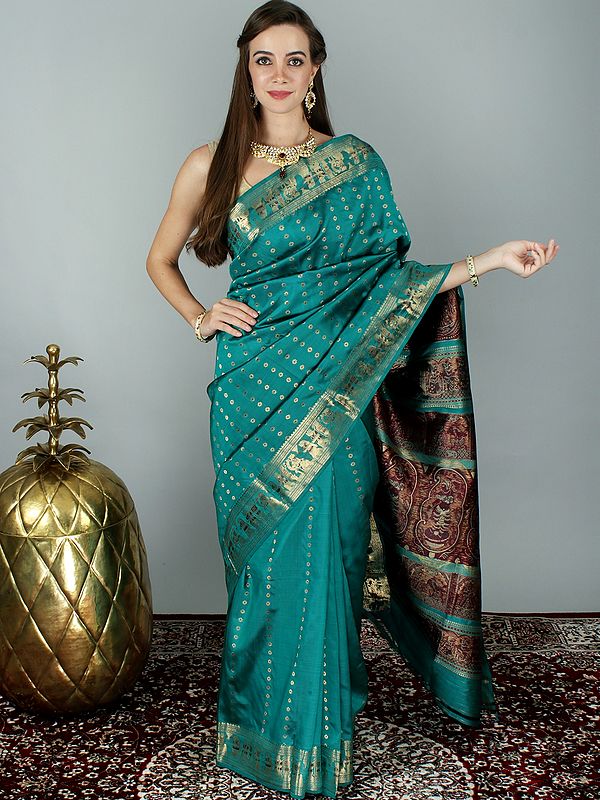 Teal-Blue Baluchari Silk Handloom Saree with Exquisite Zari Work