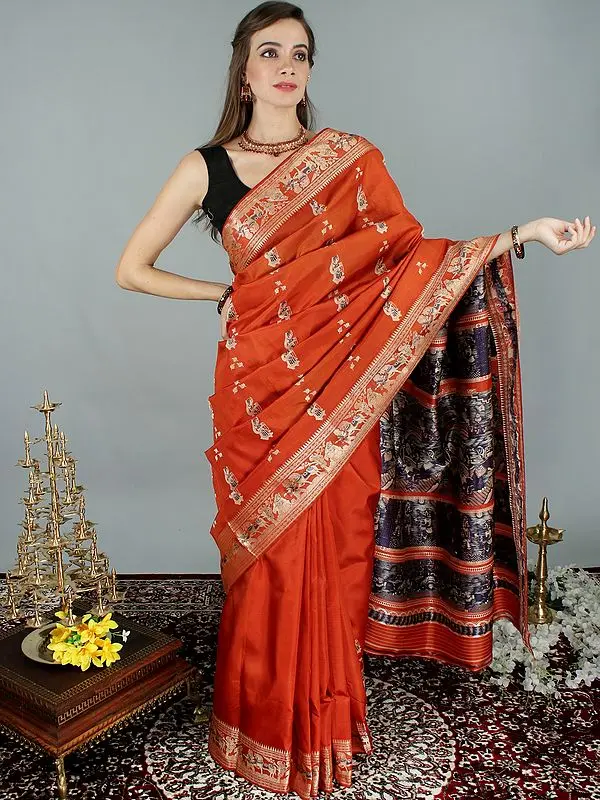 Koi Baluchari Silk Handloom Saree with Thread Embroidered Krishna-Arjuna Mahabharata Samvaad