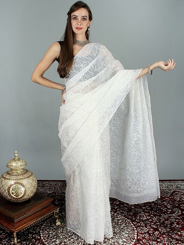 Pristine-White Pure Cotton Saree from Lucknow with Floral Chikan Hand-Embroidery