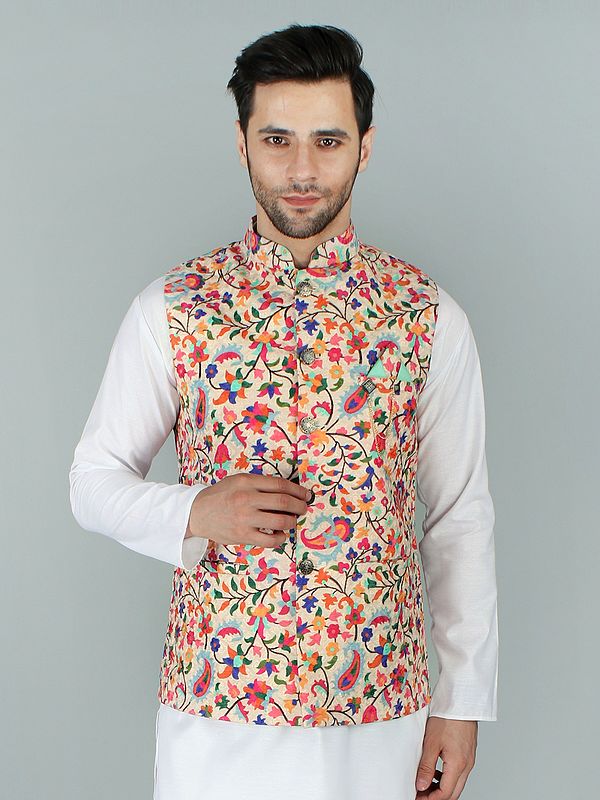 Chikan Ethnic Nehru Jacket Waist Coat with Multicolor Kani Print
