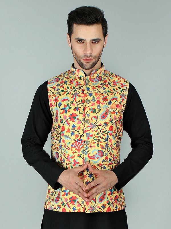 Chikan Ethnic Nehru Jacket Waist Coat with Multicolor Kani Print