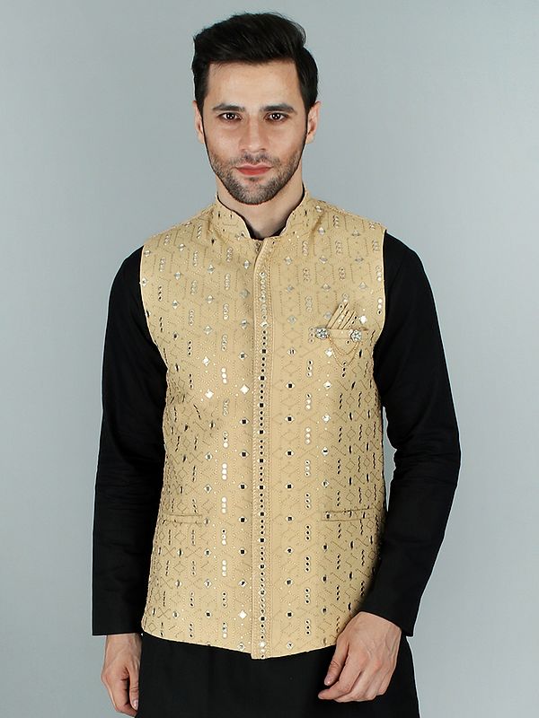Ethnic Nehru Jacket Waist Coat With Thread-Sequin And Mirror Work Embroidery
