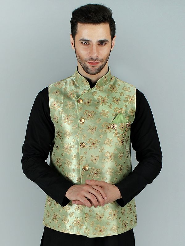 Assymetric Gold Brocade Ethnic Modi Jacket Waist Coat