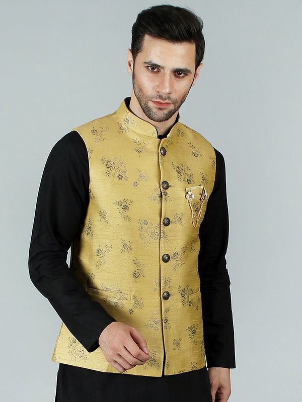 Brocaded Modi Jacket Waist Coat With Golden Floral Motif