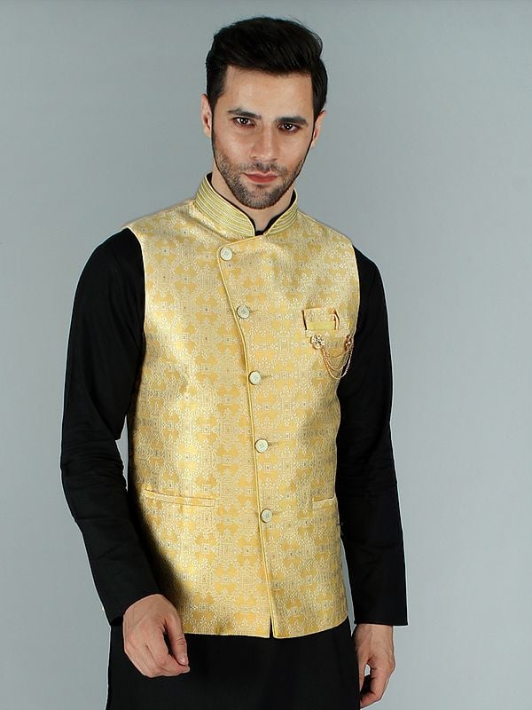 Asymmetric Jacquard Silk Modi Jacket Waist Coat with Gold Enamel Buttons