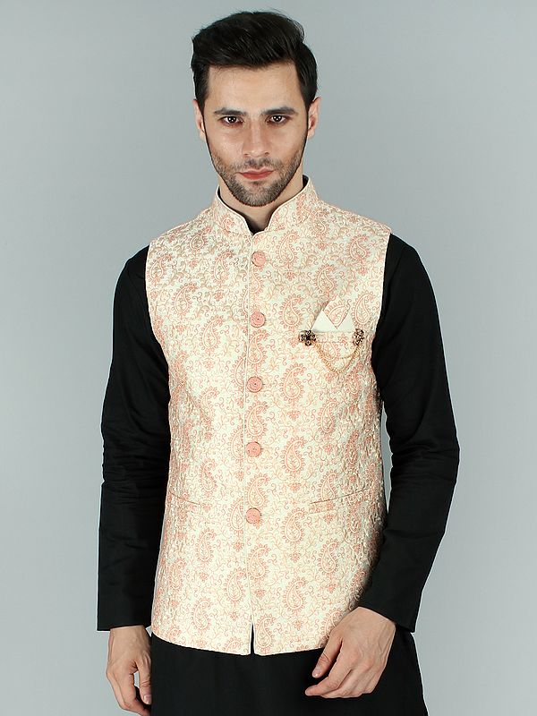 Star-White Paisley Jacquard Silk Modi Jacket Waist Coat with Sequin and Thread Embroidery