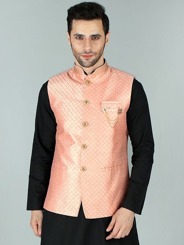 Nehru Jacket Waist Coat With Gold Sequins And Thread Lucknowi Embroidery
