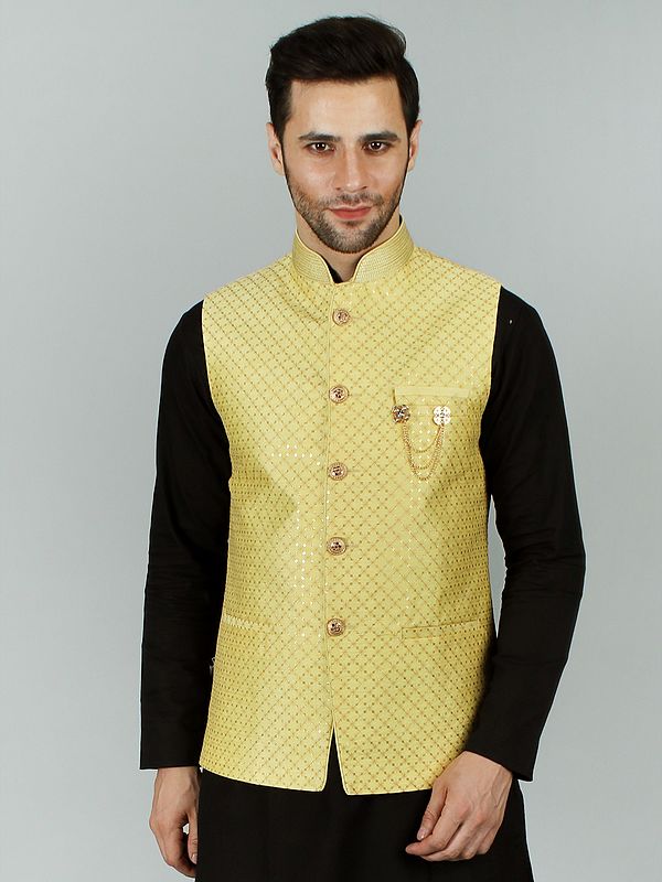 Nehru Jacket Waist Coat with Gold Sequins and Thread Lucknowi Embroidery