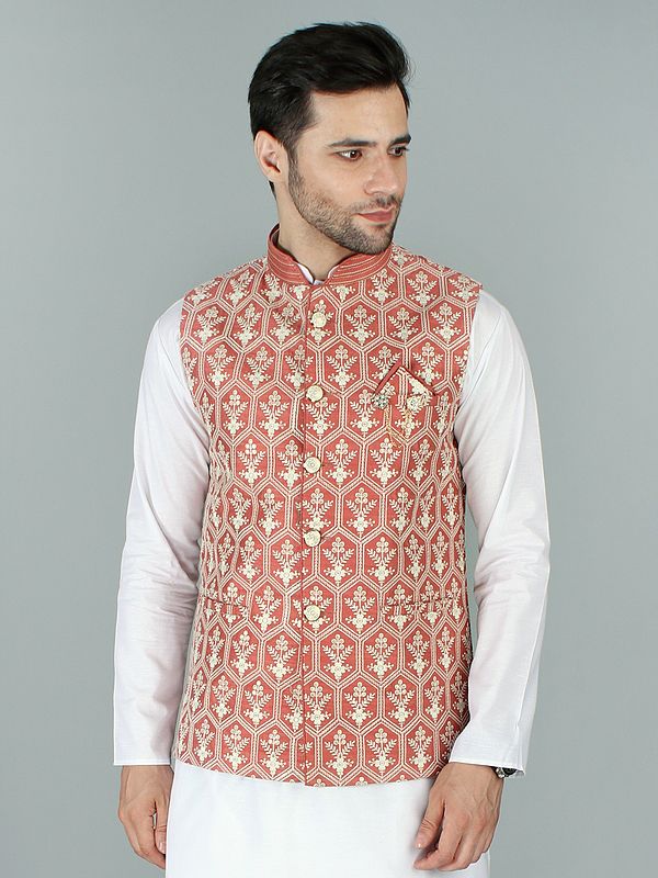 Terra-Cotta Art Silk Nehru Jacket Waist Coat with Sequin and Chikankari