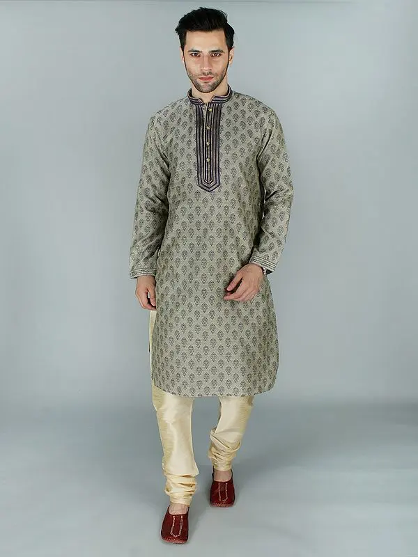 Rich Damask Kurta Pajama Set with Thread and Zari Work on Collar-Placket