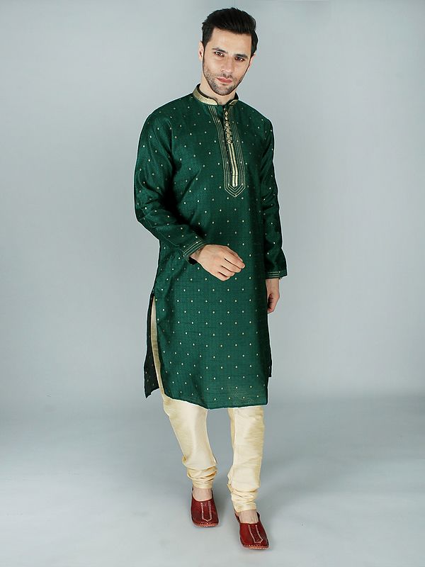 Elegant Brocade Kurta Pajama Set With Thread And Zari Work On Collar-Placket