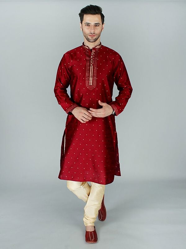 Elegant Brocade Kurta Pajama Set with Thread and Zari Work on Collar-Placket