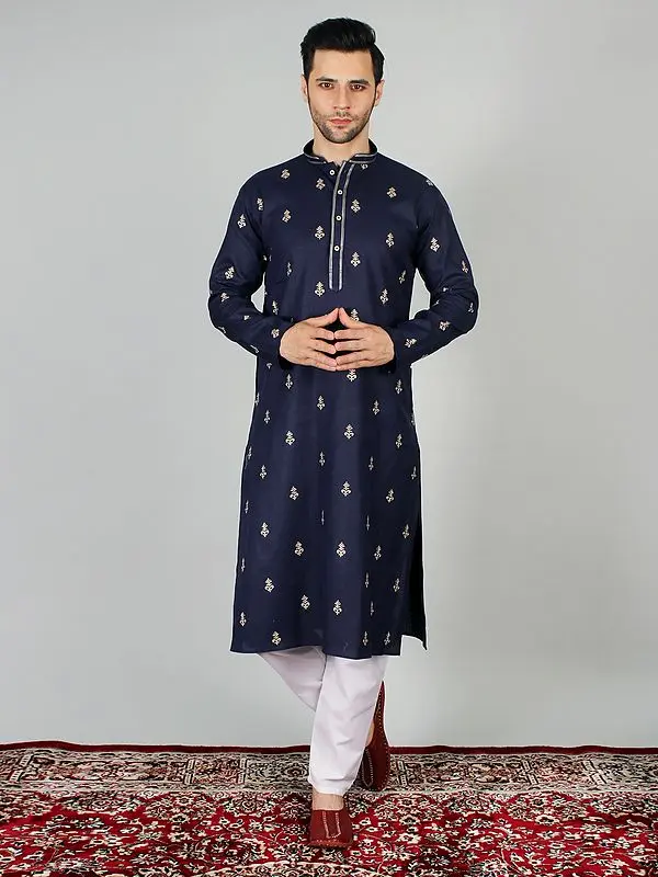 Evening-Blue Cotton Crest Embroidered Kurta Pajama Set