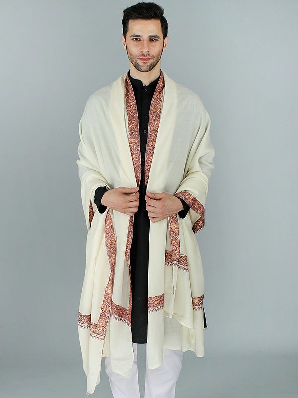 Whisper-White Tusha Shawl For Men With Floral Sozni Embroidery