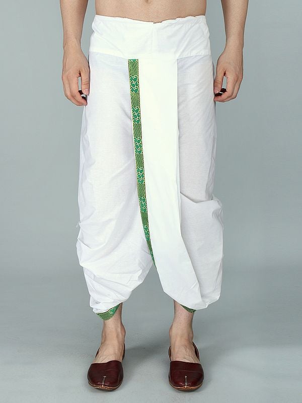 Bright-White Cotton Ready to Wear Dhoti with Woven Zari Patti from ISKCON Vrindavan by BLISS