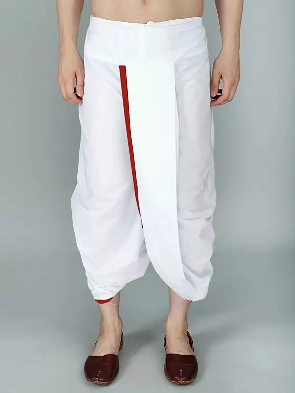 Bright-White Cotton Ready to Wear Dhoti with Woven Zari Patti from ISKCON Vrindavan by BLISS