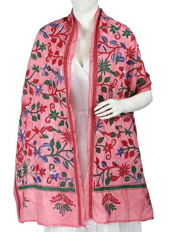 Kantha Stole With Multicolor Floral Embroidery From Bengal