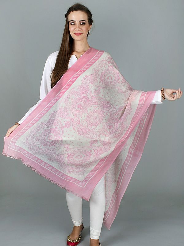Pink-White Pure Wool Stole with Woven Paisley And Floral Motif