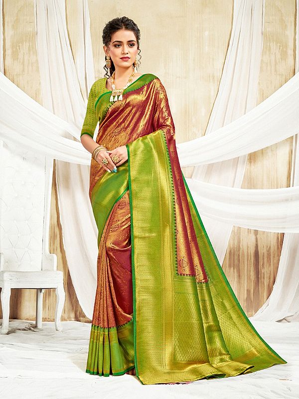 Copper-Green Brocaded Banarasi Silk Saree With Woven Pattern All-over