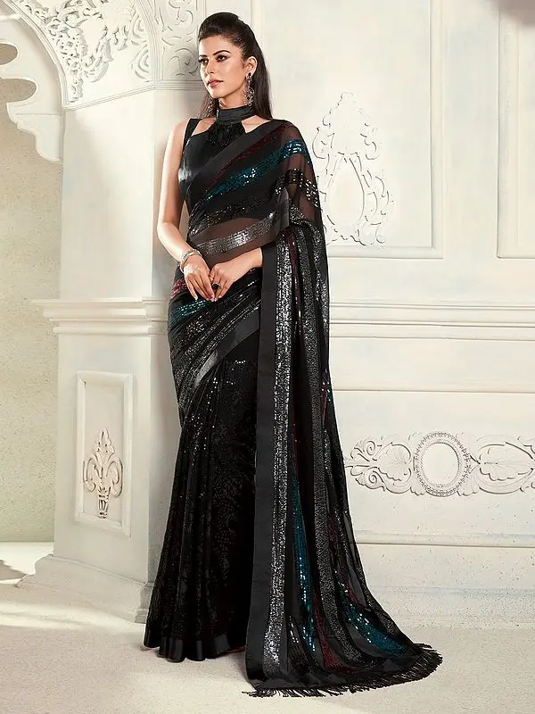 Caviar Designer Party Wear Georgette With Multicolor Sequin Pattern Saree