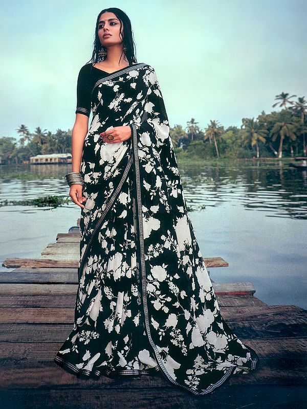 Black-Onyx Digital Floral Printed Matka Silk Saree With Silver Zari Twill Border