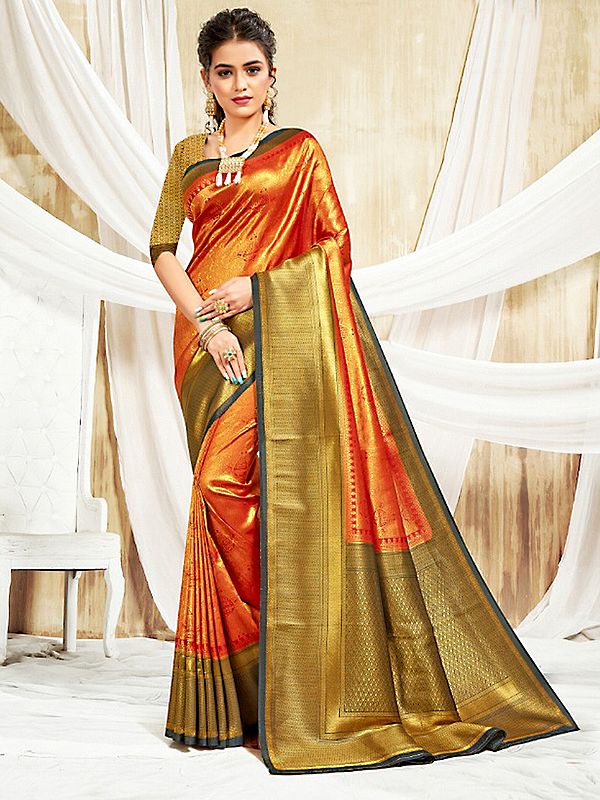 Mandarin-Orange Brocaded Banarasi Silk Saree With Woven Pattern All-over