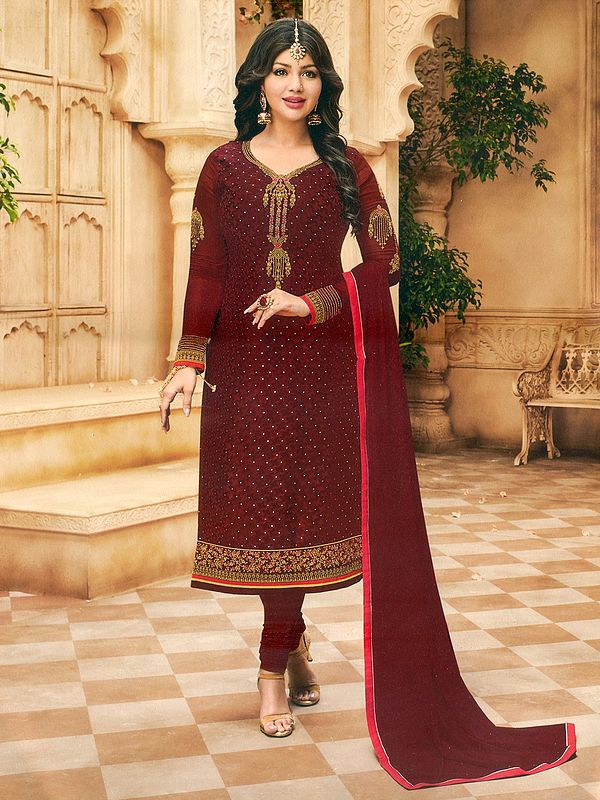 Scarlet-Smile Ayesha-Takia Straight Long Churidar Salwar Kameez Suit with Floral Zari-Stone Embroidery Work And Laser Cut Geometric Pattern Fabric