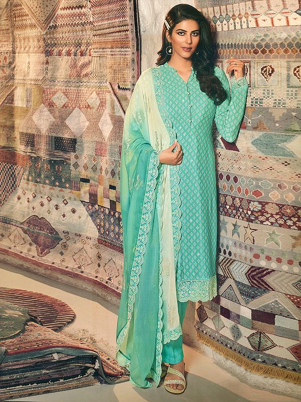 Turquoise Royal Crepe Salwar Kameez Suit With Embroidered Lace and Crochet Border