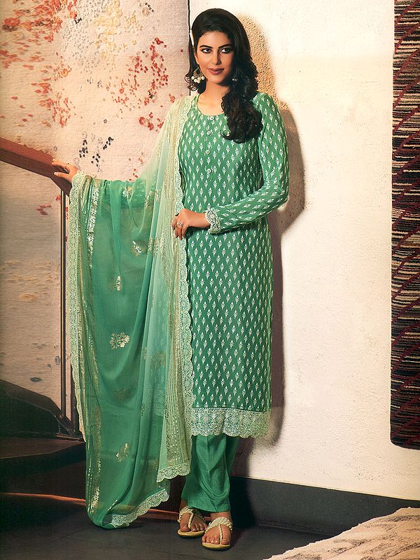 Malachite-Green Royal Crepe Salwar Kameez Suit With Embroidered Lace and Crochet Border