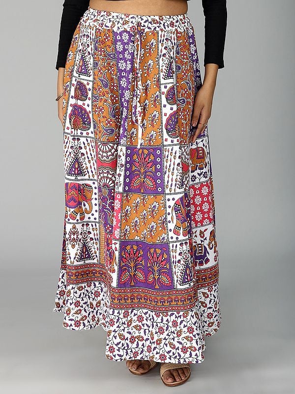 Sanganeri Long Skirt with All Over Floral and Elephant Printed Motif