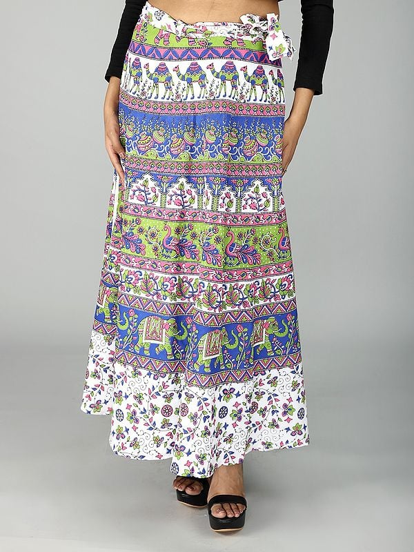 Lucent-White Sanganeri Wrap Around Long Skirt with All Over Floral and Elephant Printed Pattern