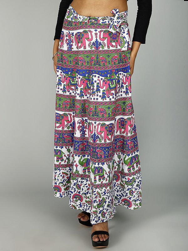 Lucent-White Sanganeri Wrap Around Long Skirt with All Over Floral and Elephant Printed Pattern