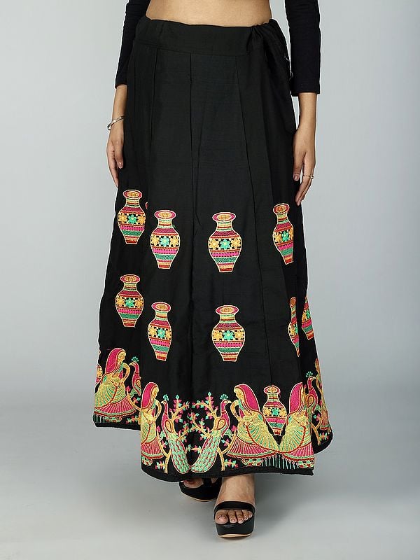 Multicolor Intricate Embroidered Ghagra Skirt from Gujarat With Floral Peacock Motif