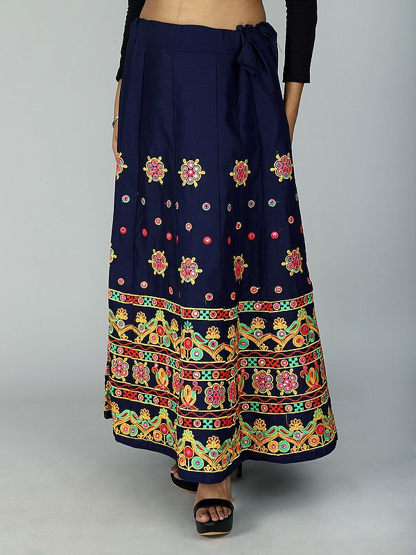 Floral Motif And Mirror Work Embroidered Ghagra Skirt from Gujarat