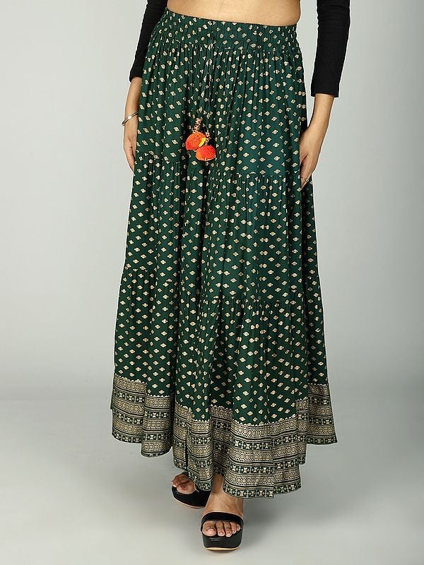 All-Over Golden Motif Print Ethnic Skirt from Gujarat with Dori