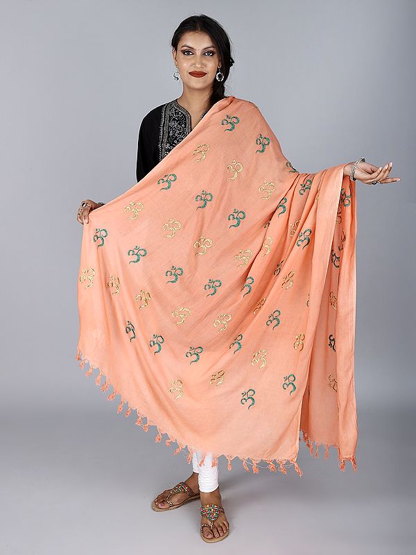 Prayer Shawl with Zari and Thread Embroidered Dual Color Om Motif