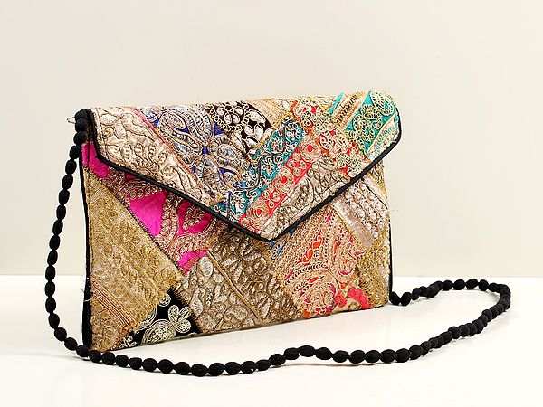 Multicolored Zari Sequin Embellished Handcrafted Clutch Bag with Damru Dori From Jaipur