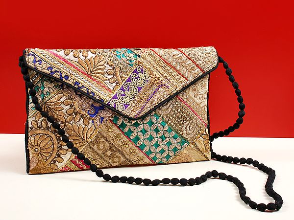Multicolored Zari Sequin Embellished Handcrafted Clutch Bag with Damru Dori from Jaipur