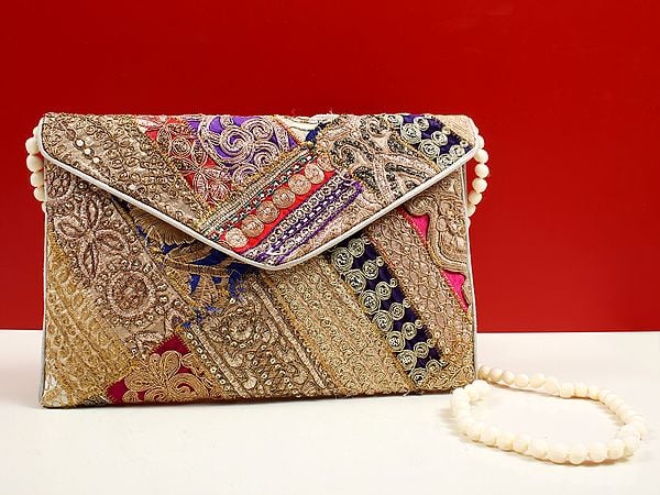 Multicolored Zari Sequin Embellished Handcrafted Clutch Bag with Damru Dori from Jaipur