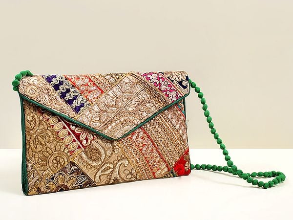 Multicolored Zari Sequin Embellished Handcrafted Clutch Bag with Damru Dori from Jaipur