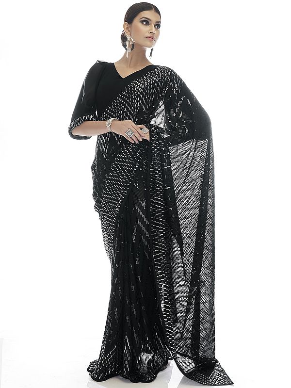 Black-Beauty Bold Chevron Pattern Sequin Work Georgette Saree
