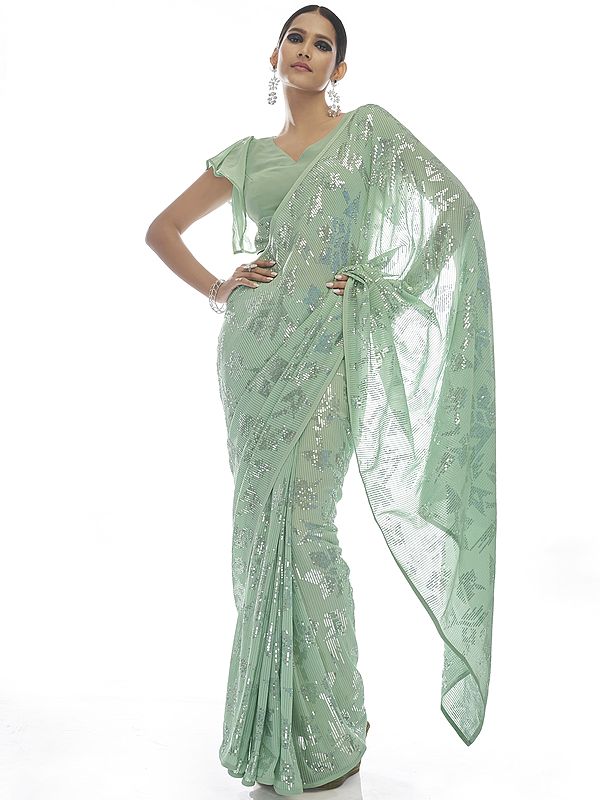 Mist-Green Abstract Floral Pattern Sequin Work Georgette Saree