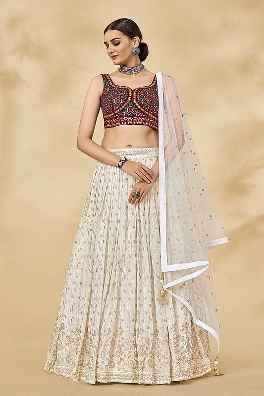 Maroon-Cream Georgette Lehenga With Thread-Mirror-Sequin Floral All-Over Work On Choli