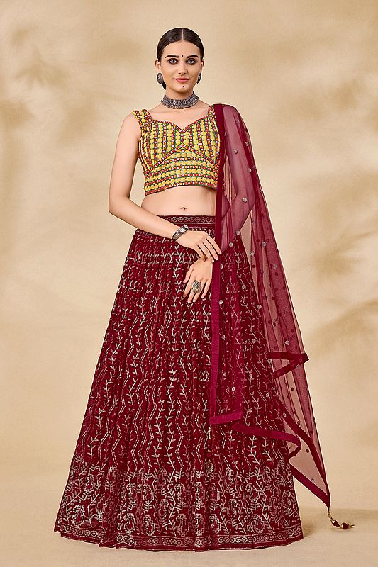 Yellow-Maroon Georgette Lehenga with Thread-Mirror-Sequin Floral All-Over Work on Choli