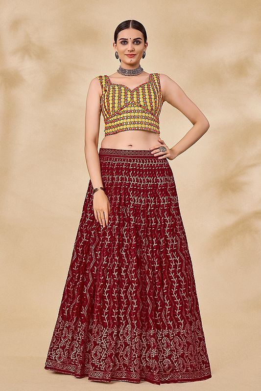 Buy Maroon and Gold-toned Semi-stitched Lehenga & Unstitched Blouse Online  in India - Etsy