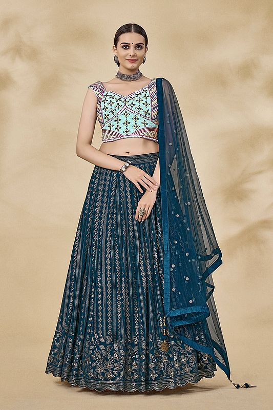 Seaport-Waterspout Georgette Lehenga With Thread-Mirror-Sequin Floral All-Over Work On Choli